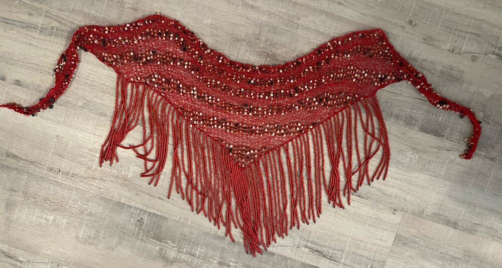 VTG Long Fringe Beaded Bib Scarf Crocheted Macrame Belly Dance Hip Belt Western